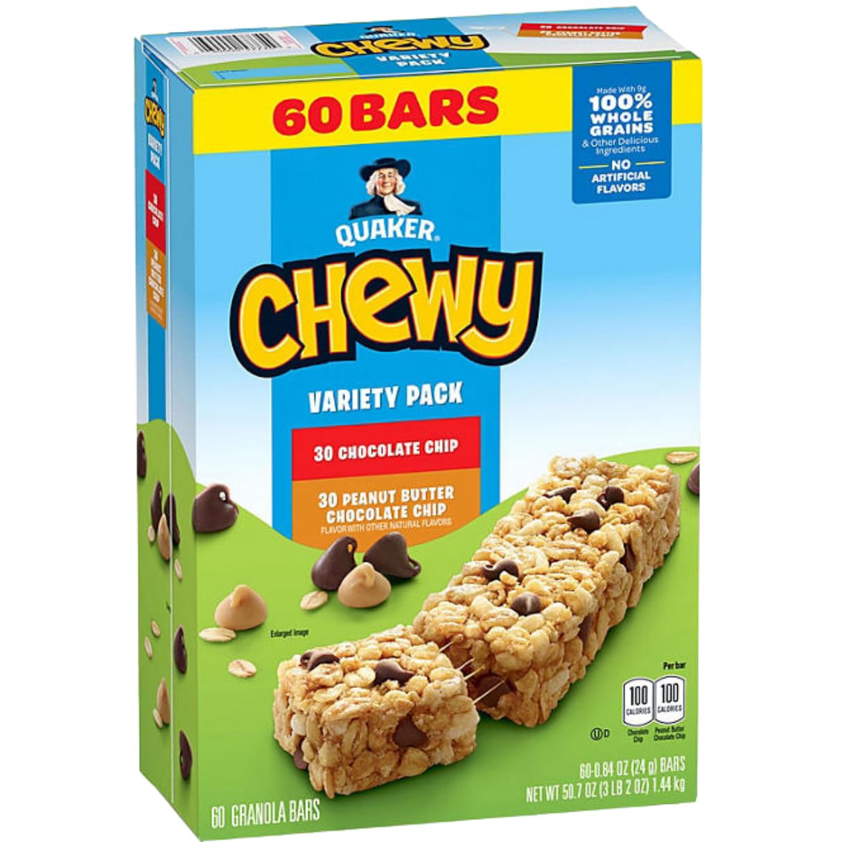 Lyfno Quaker Chewy Granola Bars Variety Pack, Chocolate Chip & Peanut Butter, 60 Count, Healthy Snack for Adults