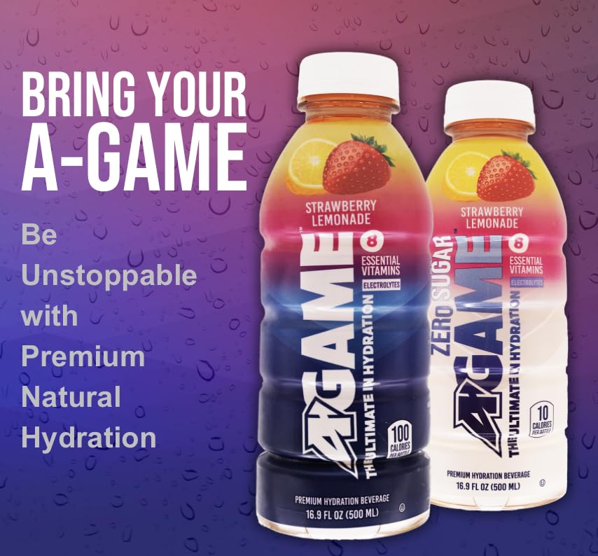 A-Game Zero Sugar Sports Drink, Strawberry Lemonade Zero, Sugar Free Hydration Sports Beverage, 8 Vitamins Plus Electrolytes, Na