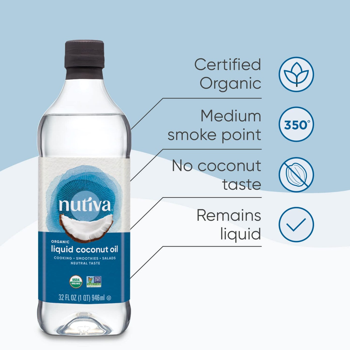 Nutiva Organic Liquid Fractionated Coconut Oil, 8 Oz, USDA Organic, Non-GMO, Vegan, Keto, Paleo, Use for Cooking or Moisturizer