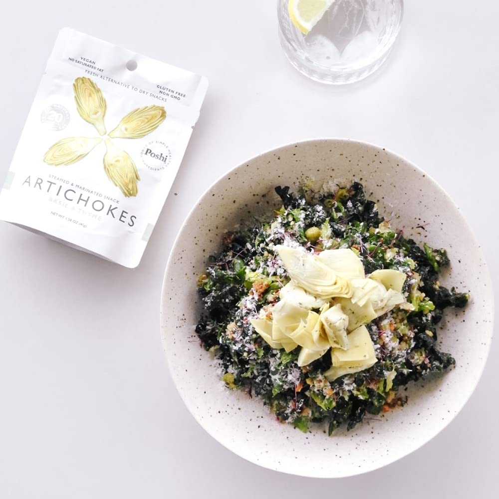 Poshi Marinated Artichoke Hearts Snack Pack | Basil + Thyme | Keto, Vegan, Paleo, Non Gmo, Low Carb + Calorie, Gluten Free, Full