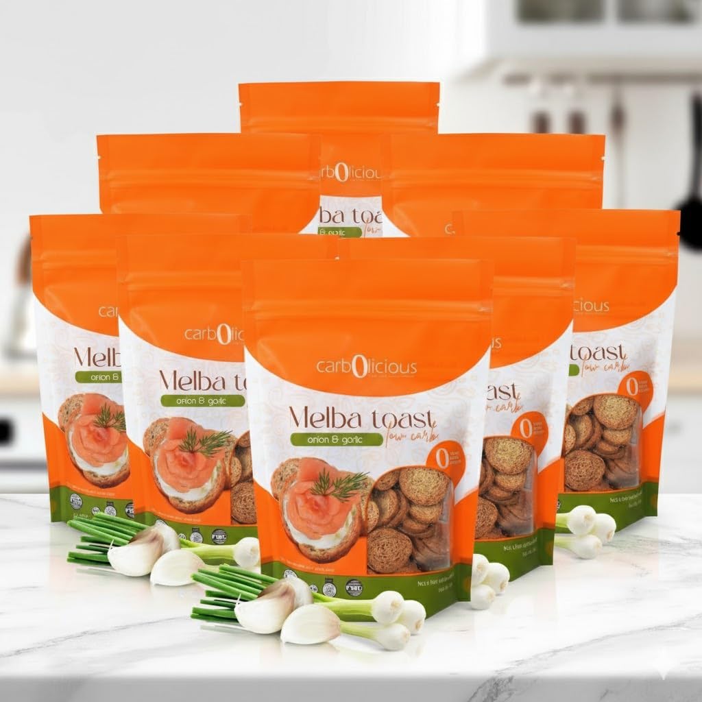 Carbolicious Low Carb Melba Toast - Onion Garlic, 8 Pack | Keto-Friendly Crisp Toast Crackers, High Fiber, Low Net Carbs
