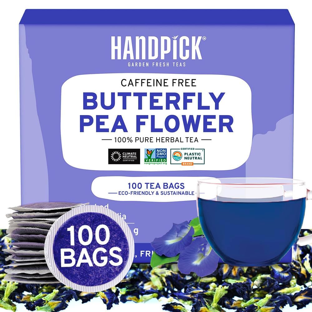 HANDPICK Butterfly Pea Flower Tea - 100 Herbal Tea Bags, Caffeine Free, Non-GMO, Premium Dried Flowers for Blue & Purple Drinks