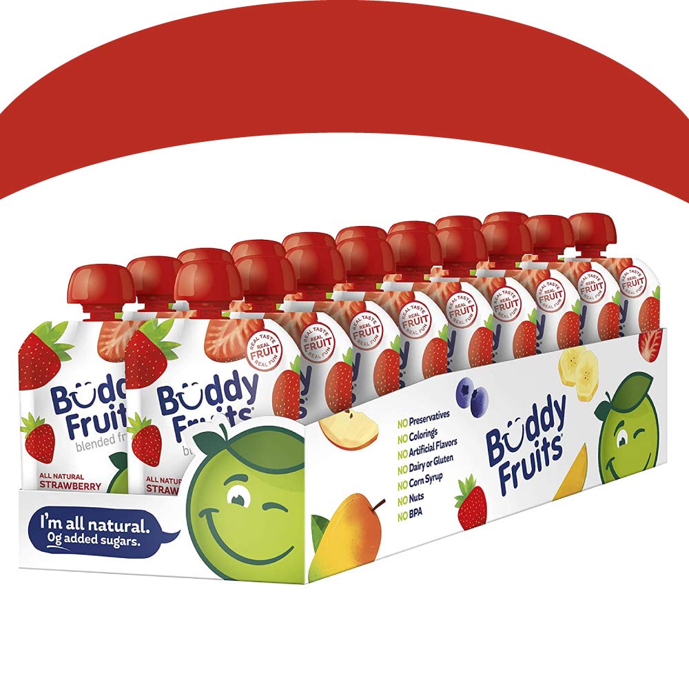 Buddy Fruits Snacks To Go Strawberry Unsweetened Applesauce 3.2Oz Pouch (18Pk) Gluten-Nut-Dairy-Preservatives-Bpa Free, Non Gmo,