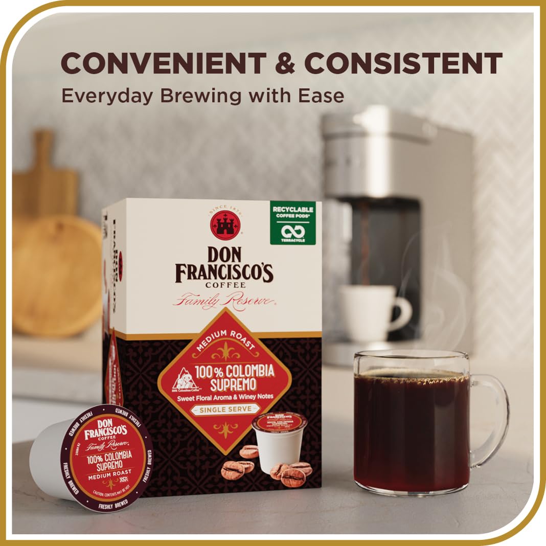 Don Franciscos Colombia Supremo Medium Roast Coffee Pods - 55 Count - Recyclable Single-Serve for K-Cup Keurig Coffee Makers