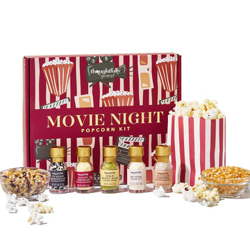 Thoughtfully Gourmet  Movie Night Popcorn Set  Includes Yellow and Mixed Popcorn Kernels  10 Paper Bags  5 Seasonings & Toppings