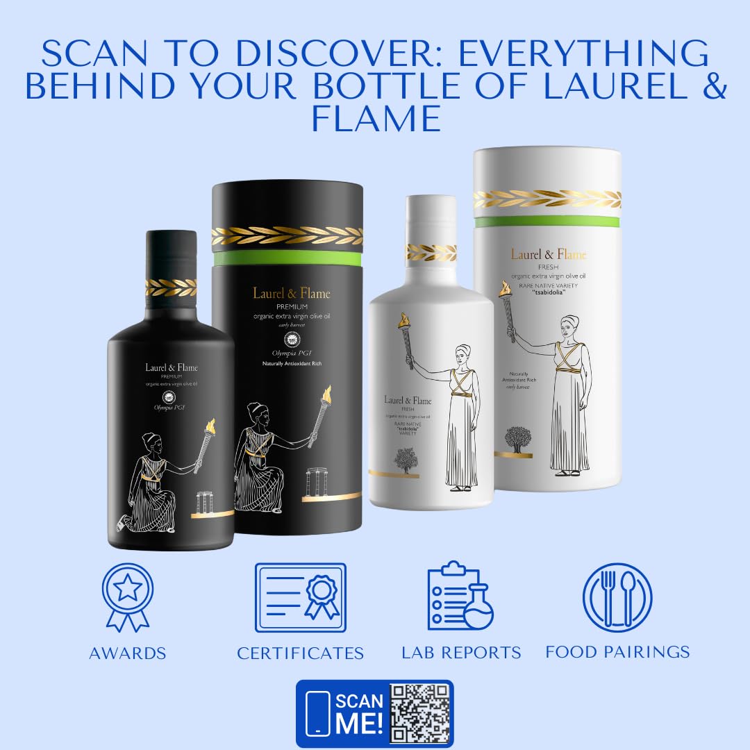World'S Best Gold Award - Laurel & Flame Olympia Pgi Premium Olive Oil Extra Virgin - Polyphenol Rich (1029 Mg/Kg) - Usda Organi