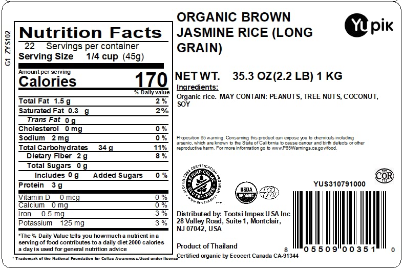 Yupik Rice, Organic Brown Long Grain Jasmine, 2.2 lb, Non-GMO, Vegan, Gluten-Free (Pack of 2)