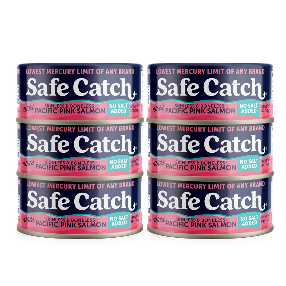 Safe Catch Wild Pacific Pink Salmon, Canned, No Salt Added, Mercury Tested, 5oz Can, Pack of 6