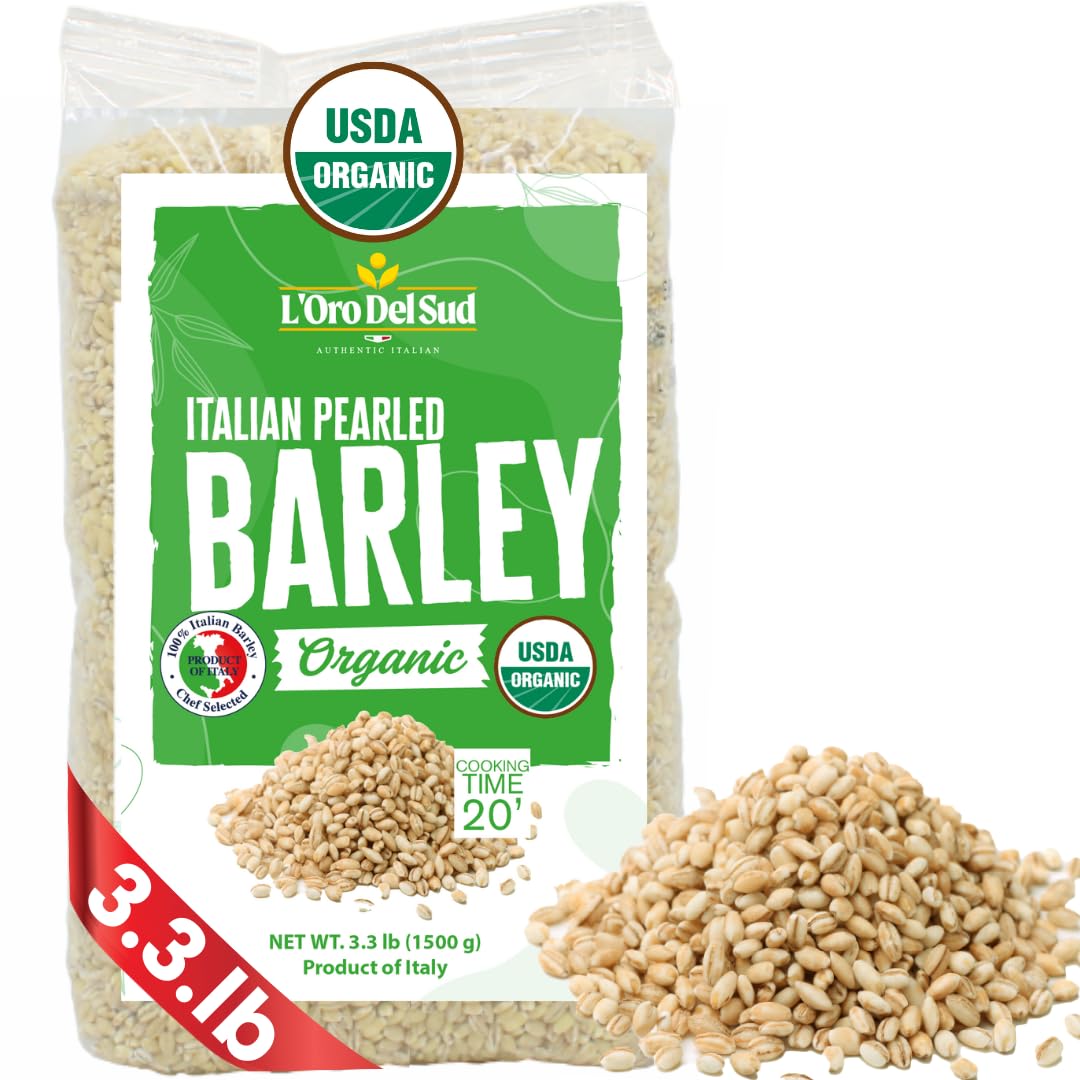 LOro Del Sud Organic Pearled Barley, Whole Grain, 3.3 lb (1.5 kg), USDA Certified, Mediterranean Diet Friendly, Product of Italy