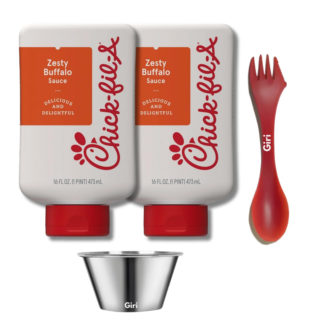 Chick-Fil-A Zesty Buffalo Sauce, 2pk (16 fl oz Bottles) Bundle with Giri Plastic Spork and Stainless Steel Condiment Sauce Cup (