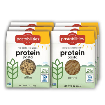 Pastabilities, Protein Pasta, Variety Pack (Penne & Ruffles - 24G Protein & Low Carb, 17G Net Carbs - High Protein, Delicious Taste & Texture Non-Gmo Plant-Based Pasta, Keto Friendly, Vegan (8 Ounce, 6 Pack)