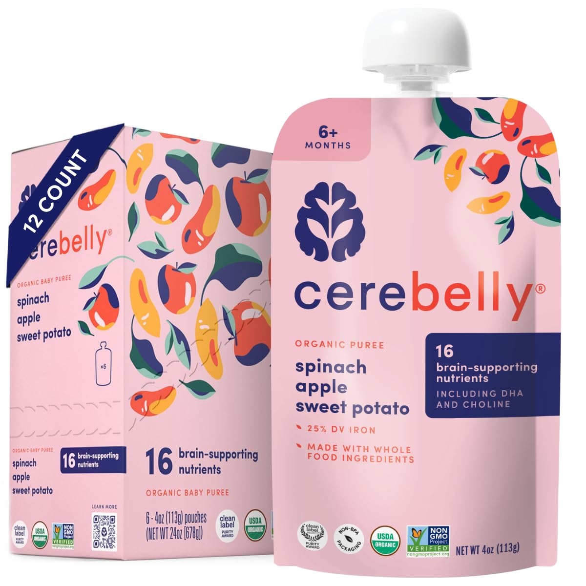 Cerebelly Organic Baby Food Pouches, Spinach Apple Sweet Potato Purees, 16 Nutrients, No Added Sugar, Fiber & Non-Gmo, 4Oz, 12 Pack