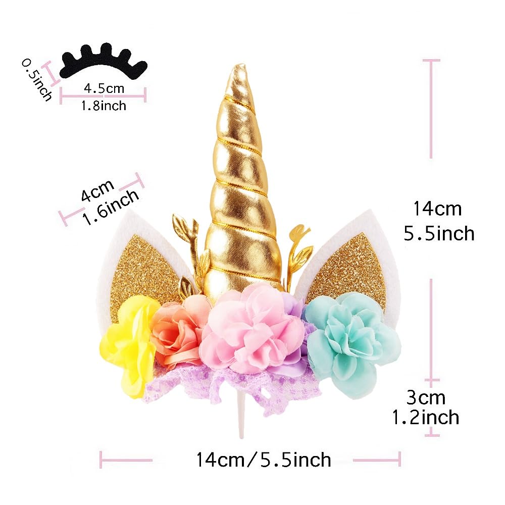 Nishine Rose Floral Unicorn Cake Topper Birthday Party Cake Decoration (Gold&Pink)
