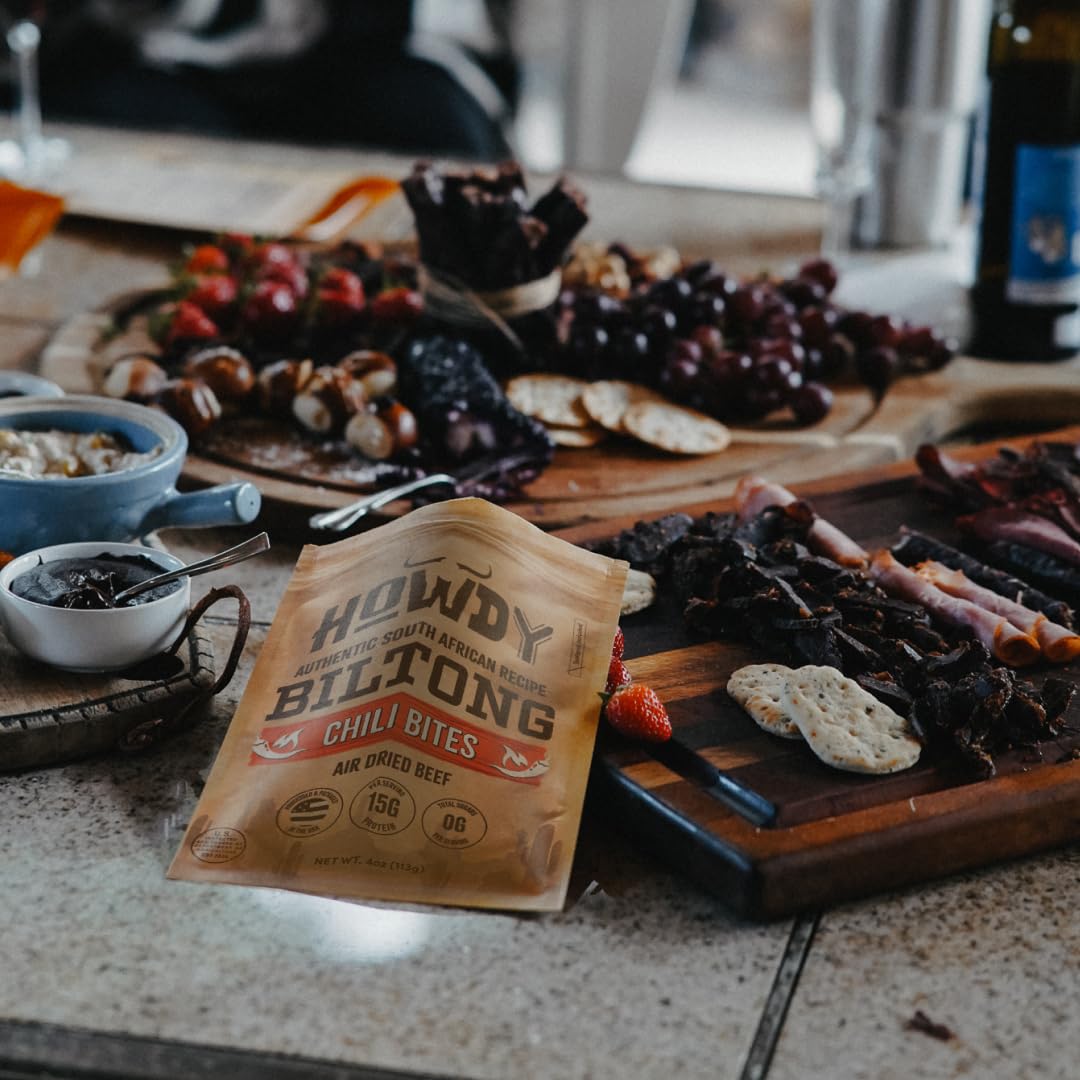 Howdysnax Biltong Chili Bites – 4 Pack (16 Oz Total) – Bulk Spicy Beef Snack • High-Protein • Keto & Paleo • No Preservatives • Made In Usa