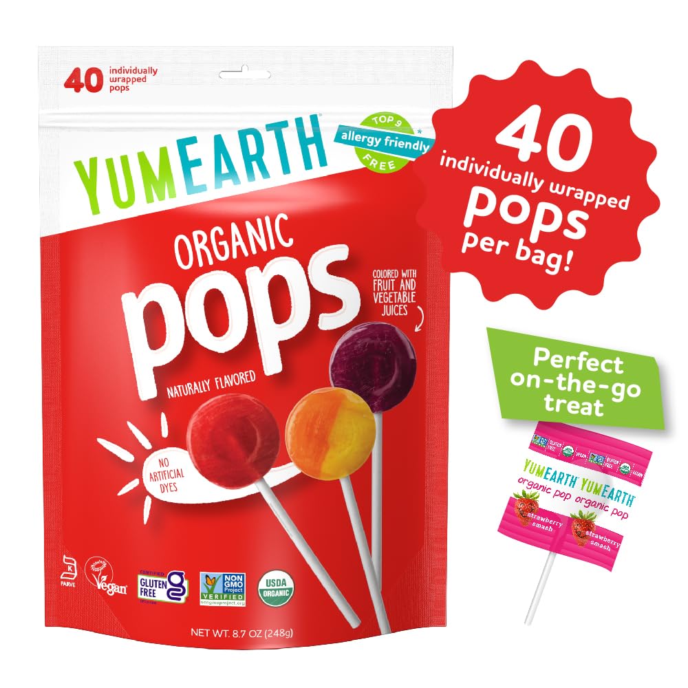 Yumearth Organic Pops Variety Pack, 40 Fruit Flavored Favorites Lollipops, Allergy Friendly, Gluten Free, Non-Gmo, Vegan, No Art