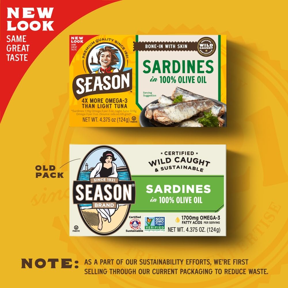 Season Sardines In Olive Oil - Wild Caught, 22G Of Protein, Keto Snacks, More Omega 3'S Than Tuna, Kosher, High In Calcium, Canned Sardines - 4.37 Oz Tins, 24-Pack
