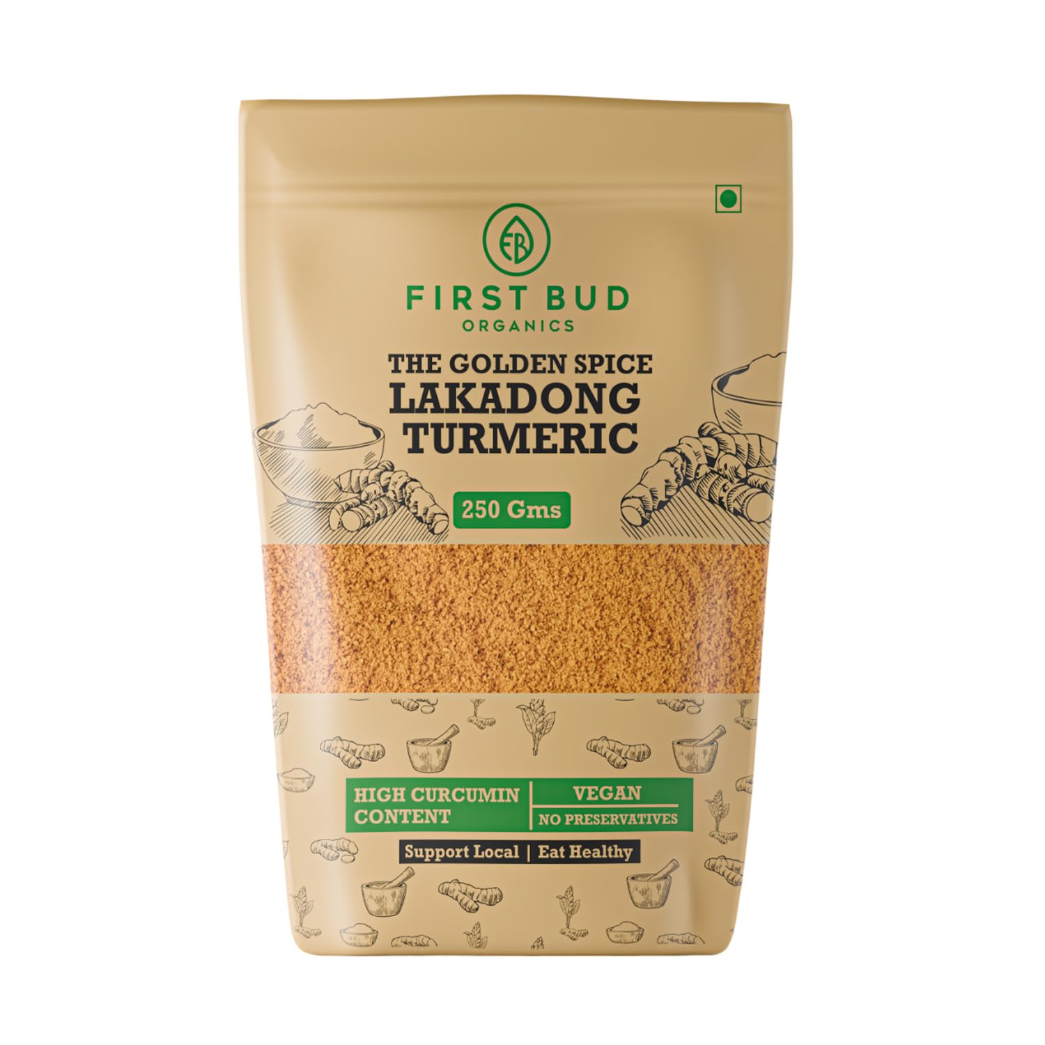 First Bud Organics Golden Spice Lakadong Turmeric Powder - 250gm | Organic Turmeric Powder & 7 to 12% High Curcumin Certified | 