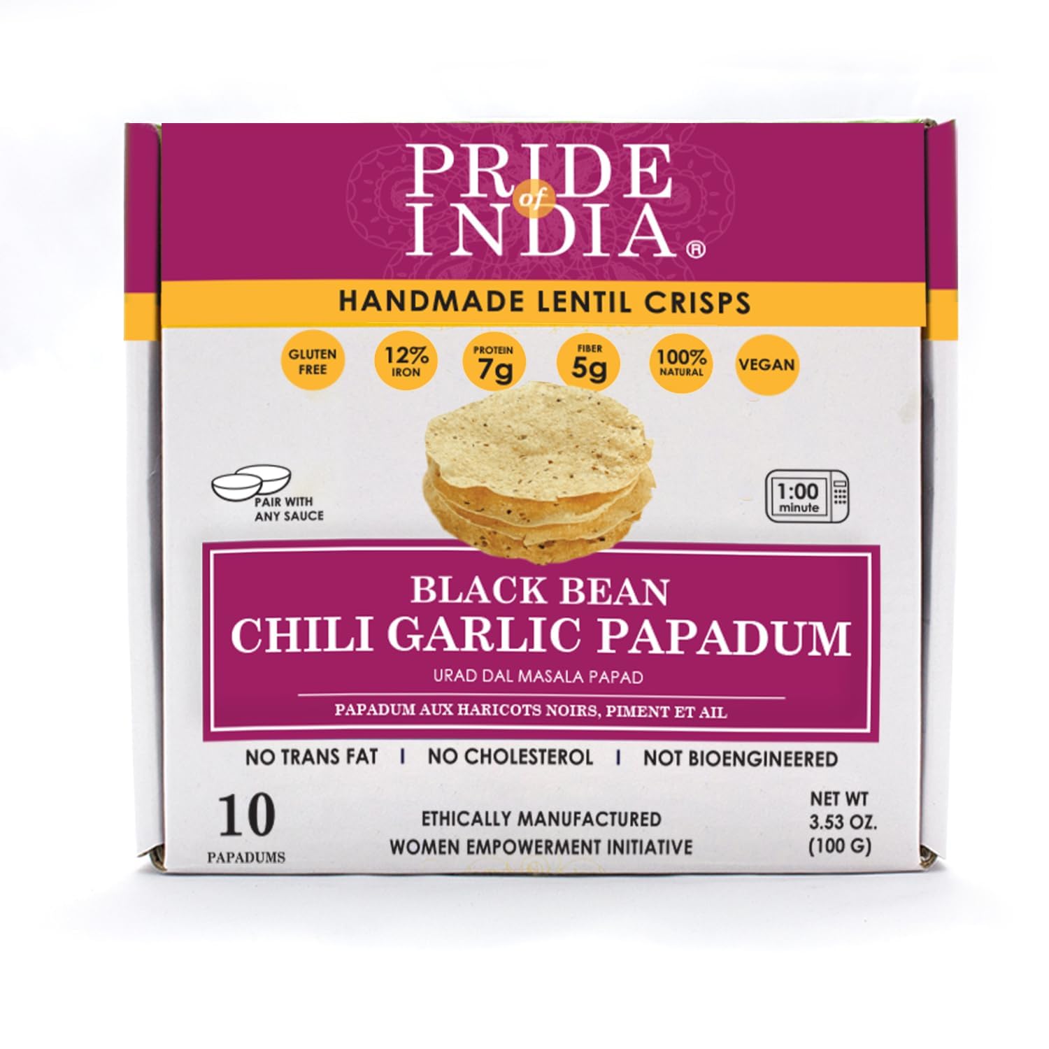 Pride of India, Pack of 6 -Chili Garlic Papadum, 10 Count (3.53oz - 100g) | Indian Lentil Crisps (Papad) | Gluten-Free, Vegan, H
