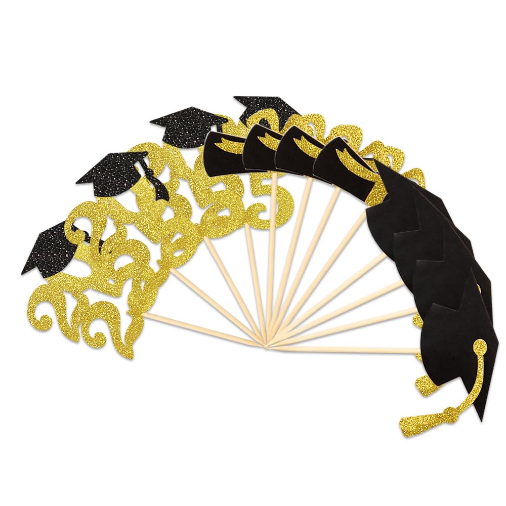 Partico Gold Glitter Graduation Cupcake Topper, 24pcs, Paper, Class of 2025, Food/Appetizer Picks