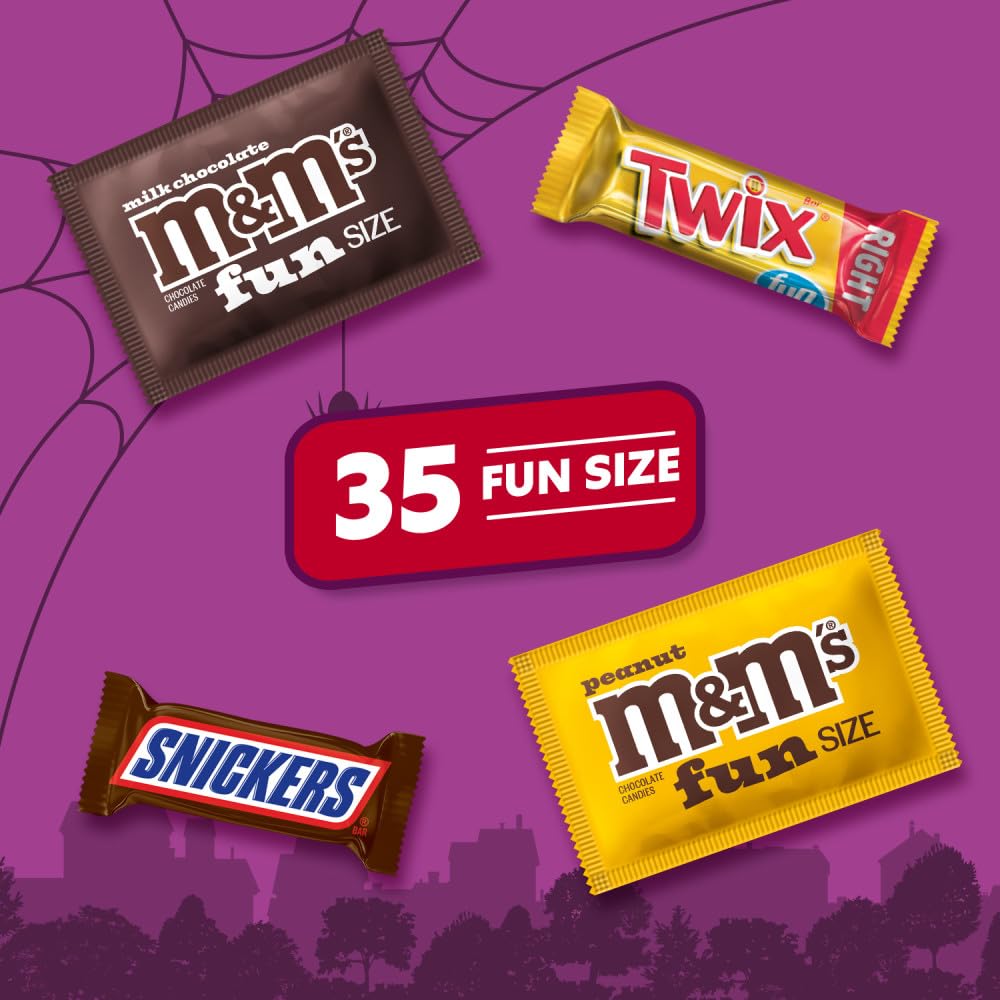 M&MS Fun Size Milk Chocolate  M&MS Fun Size Peanut  SNICKERS Fun Size & TWIX Fun Size Caramel Cookie Milk Chocolate Individually Wrapped Trick or Treat Halloween Candy  35 Ct  19.37 Oz Bulk Bag