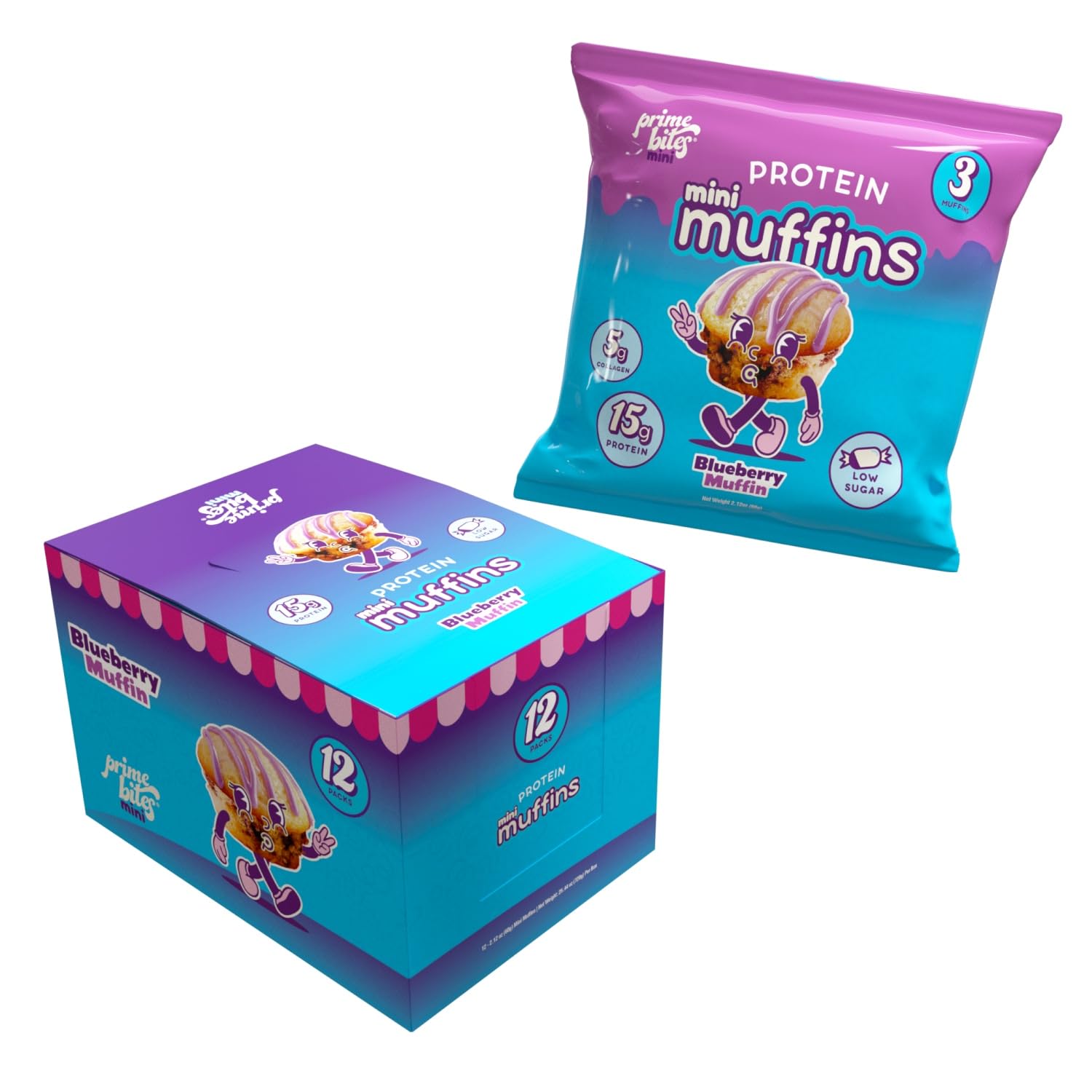 Alpha Prime Supplements Protein Mini Muffins - Blueberry, High Protein, Low Sugar, 12 Packs per Box, Mini Size