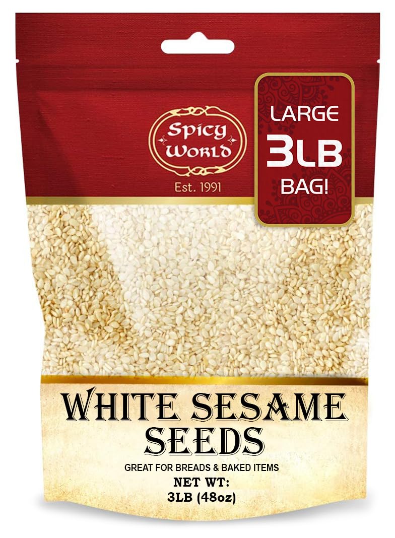 Spicy World White Sesame Seeds - Natural, Raw, Hulled, Non-GMO, 3 LB Resealable Bag