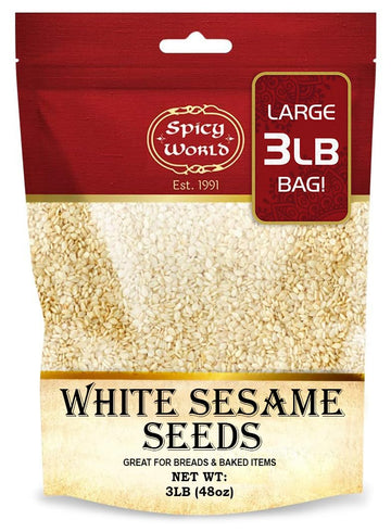 Spicy World White Sesame Seeds - Natural, Raw, Hulled, Non-GMO, 3 LB Resealable Bag