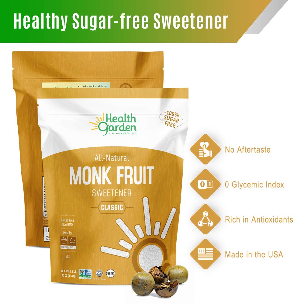 Health Garden Monk Fruit Sweetener, Classic - Non GMO - Gluten Free - Sugar Substitute - Kosher - Keto Friendly (2.5 Pounds (1 P