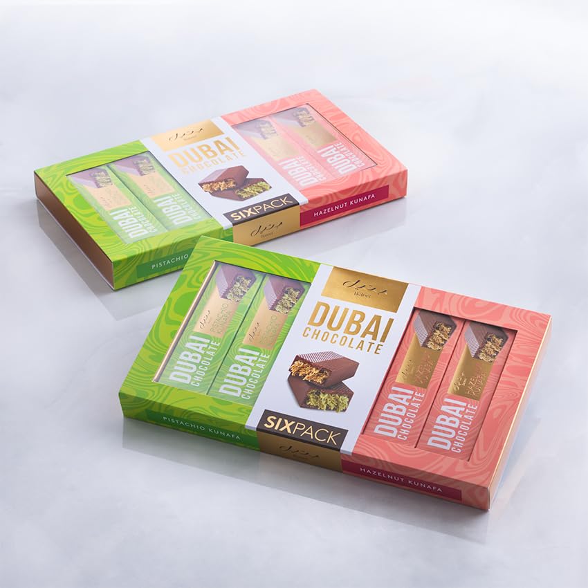 Bateel Dubai Chocolate Gift Set – 6Pcs Pistachio & Hazelnut Kunafa Bars | Gourmet Milk Chocolate With Crunchy Kunafa Layers | Luxury Middle Eastern Chocolate Gift Box