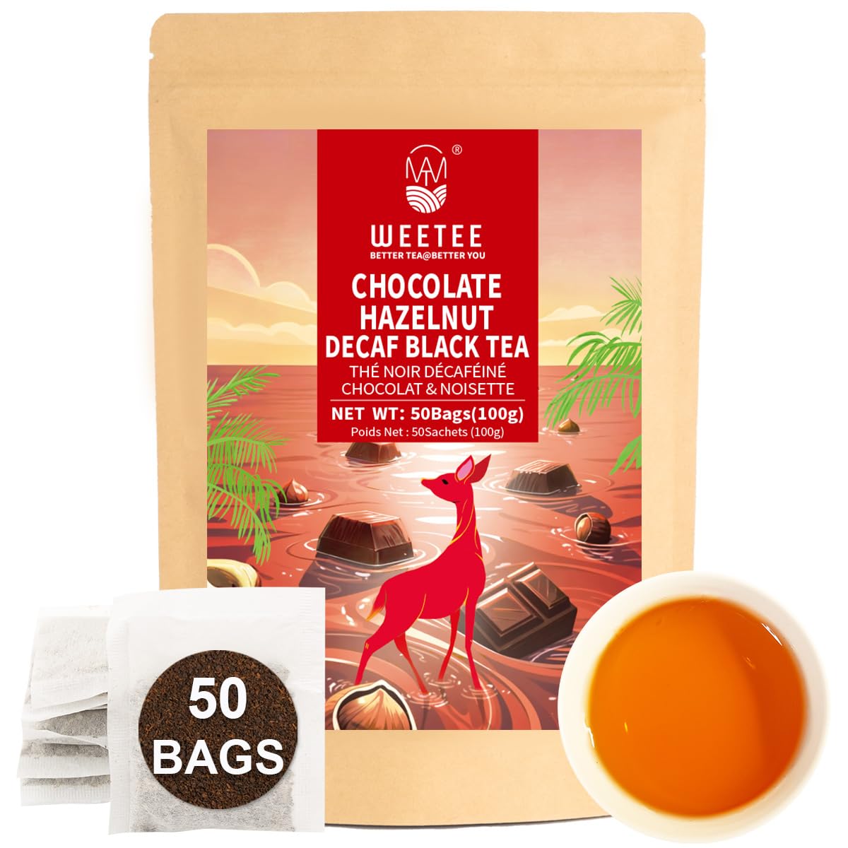 Wt Weetee Chocolate Hazelnut Decaf Black Tea Bags 50 Count  No Sugar  Nut-Free  Flavored Co2 Decaffeinated Black Tea  Rich & Smooth Gourmet Dessert Tea