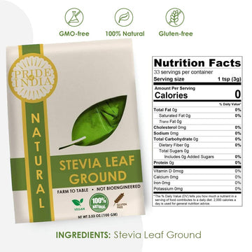 Pride Of India - Stevia Leaf Ground - Natural Zero Calorie Sweetener - Sugar-Free - Ideal For Cooking & Beverages - Comes In Res
