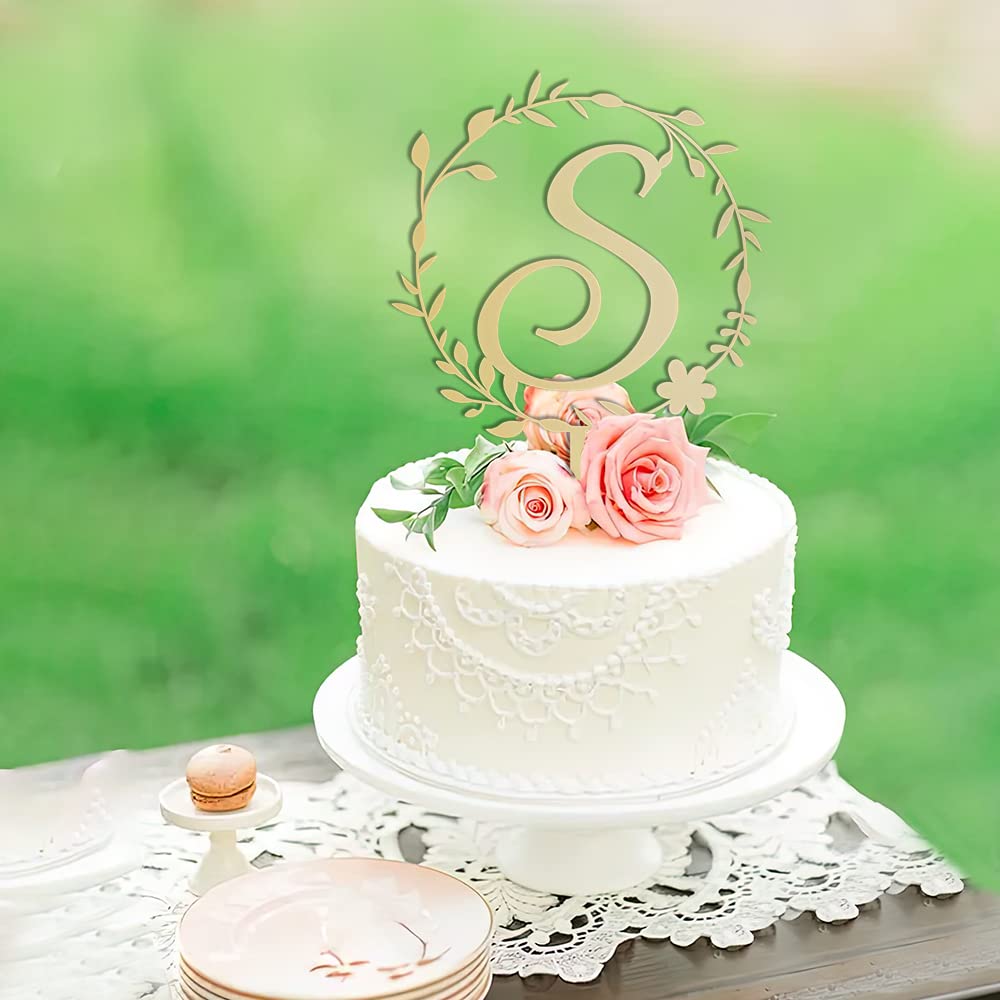 Kiskistonite Initials S Cake Topper, Monogram Cake Topper S, Rustic Wedding Cake Topper, Wreath Letter S Cake Topper, Mirror Gol