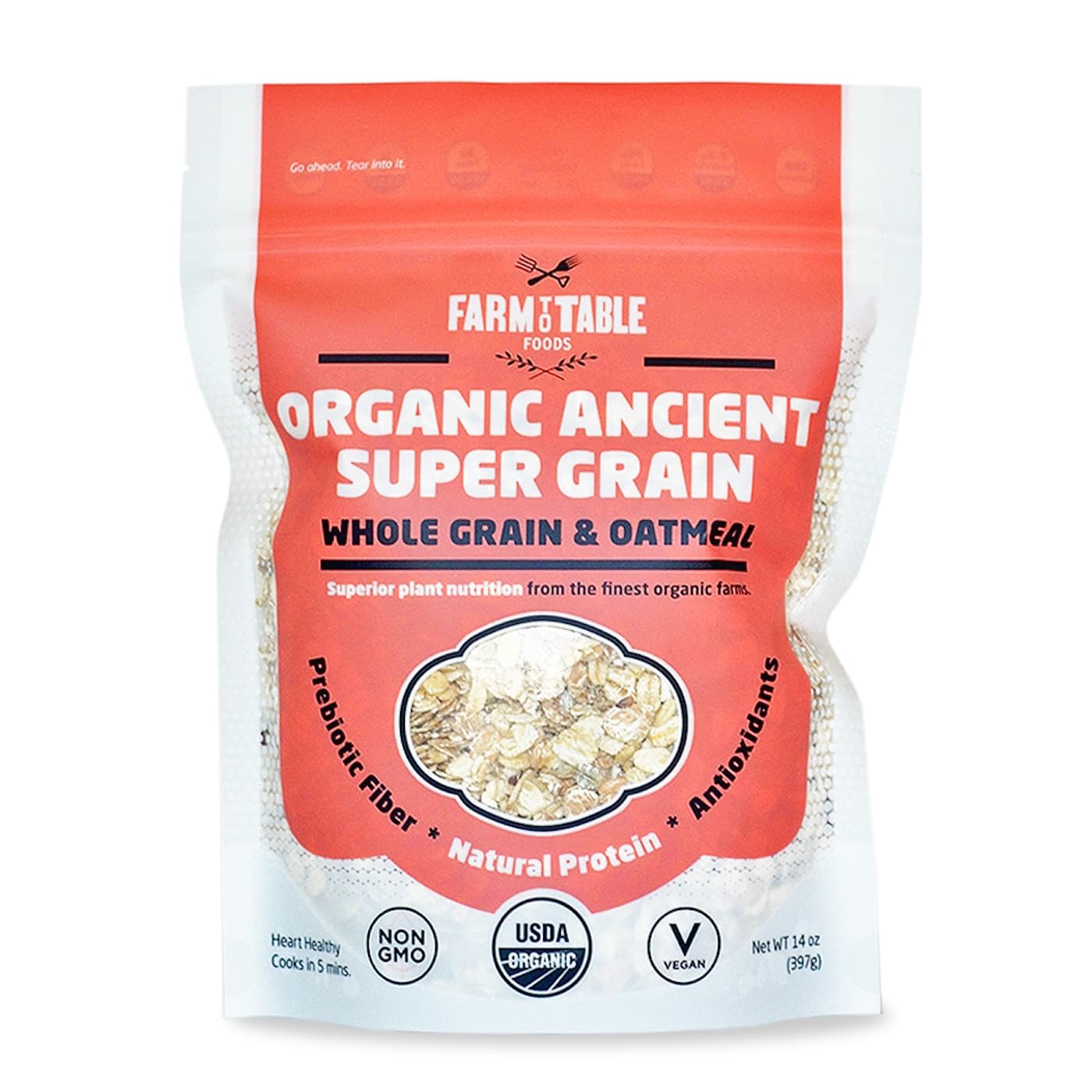 Farm To Table Foods Organic Ancient Super Grain Whole Grain & Oatmeal - High Protein  Plant Based  Non-Gmo - 1 Pack (14 Oz. Bag)