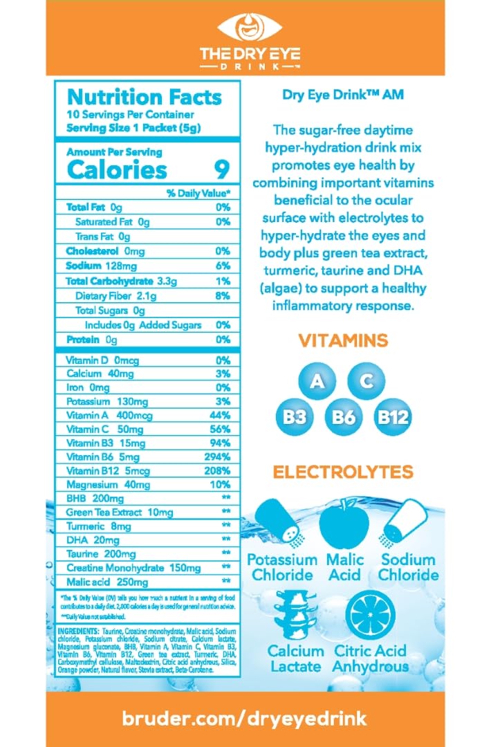 The Dry Eye Drink L Ultimate Hydration For Dry Eyes L Sugar-Free Electrolyte Powder Packets L Blended With Vitamins, Green Tea, Turmeric, Taurine, And Dha L 5G X 20 Packets (Orange Am/Pm)