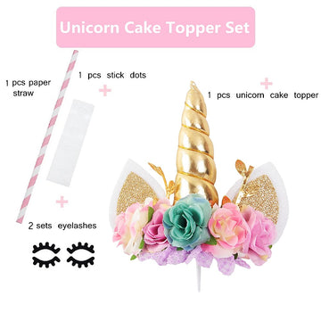 Nishine Rose Floral Unicorn Cake Topper Birthday Party Cake Decoration (Gold&Mint)