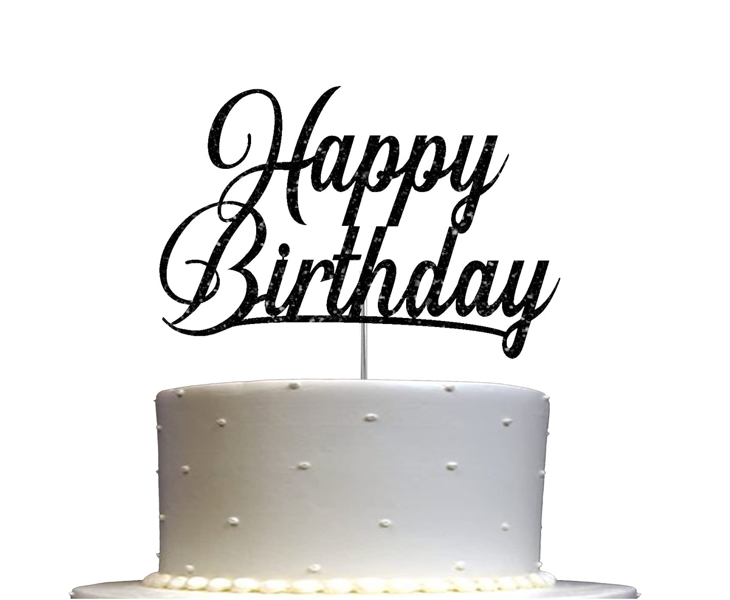 RokAPary Happy Birthday Glitter Cake Topper, Acrylic, Double-Sided, Black