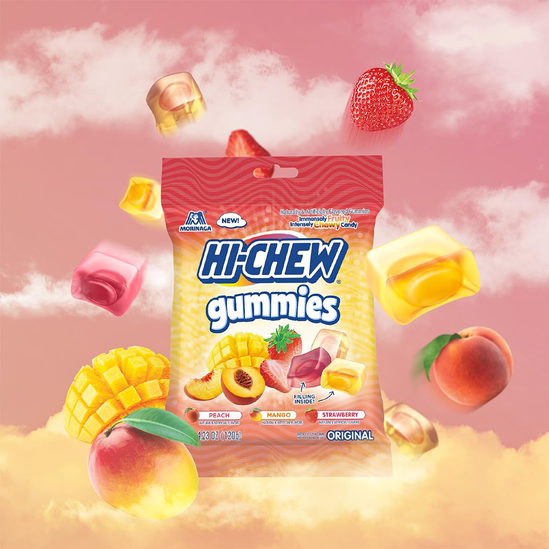 Hi-Chew Gummies Sour Candy Bag Of 9, 4.23 Oz Each, Mango Peach Strawberry Gummy Candy, Unique Fun Soft & Chewy, Immensely Juicy