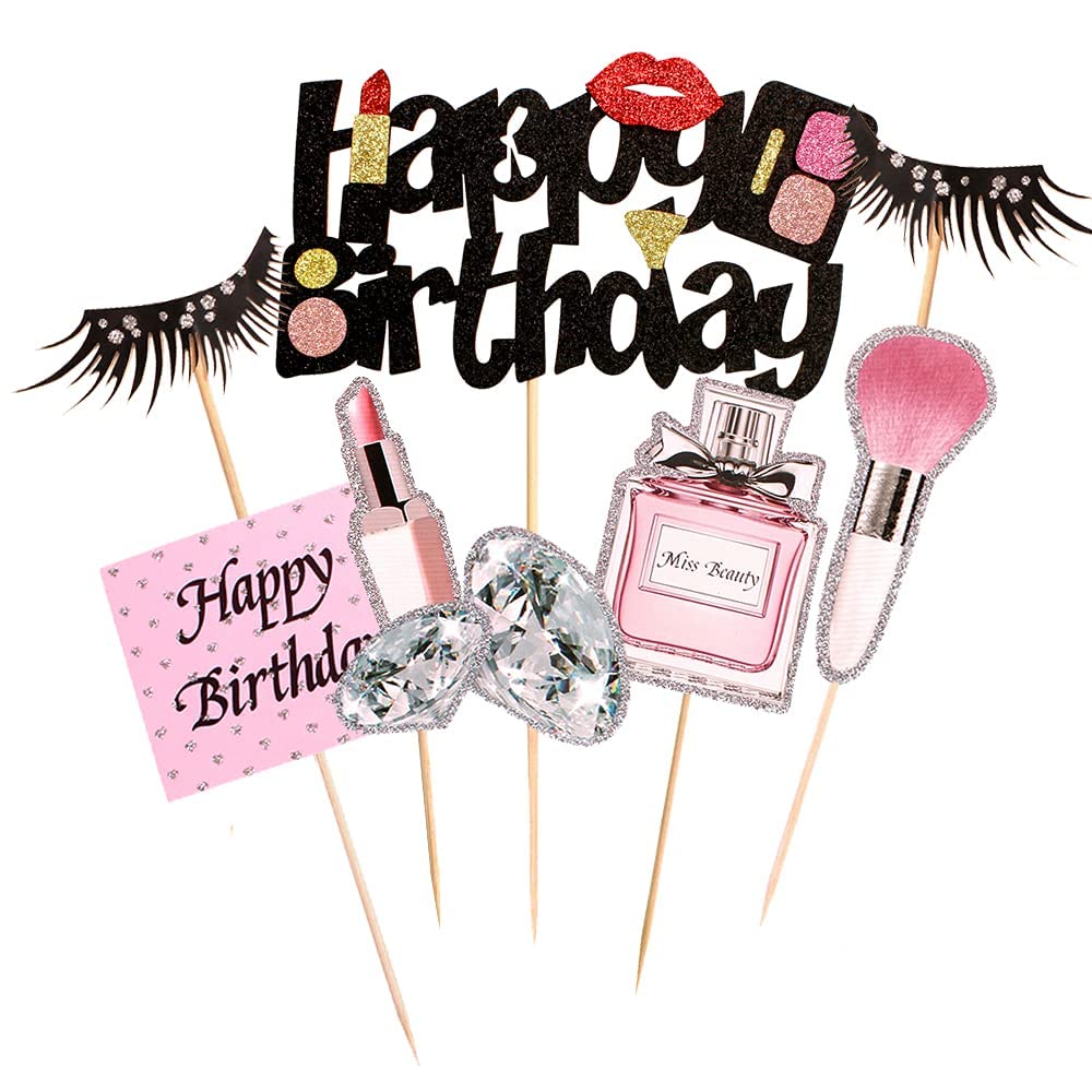Blingabc 22Pcs Makeup Cake Topper  Lipstick Perfume Eyelash Diamond Brush Cosmetic Cupcake Toppers  Happy Birthday Decoration For Birthday Bridal Shower Girl Women Makeup Salon Spa Party Supplies