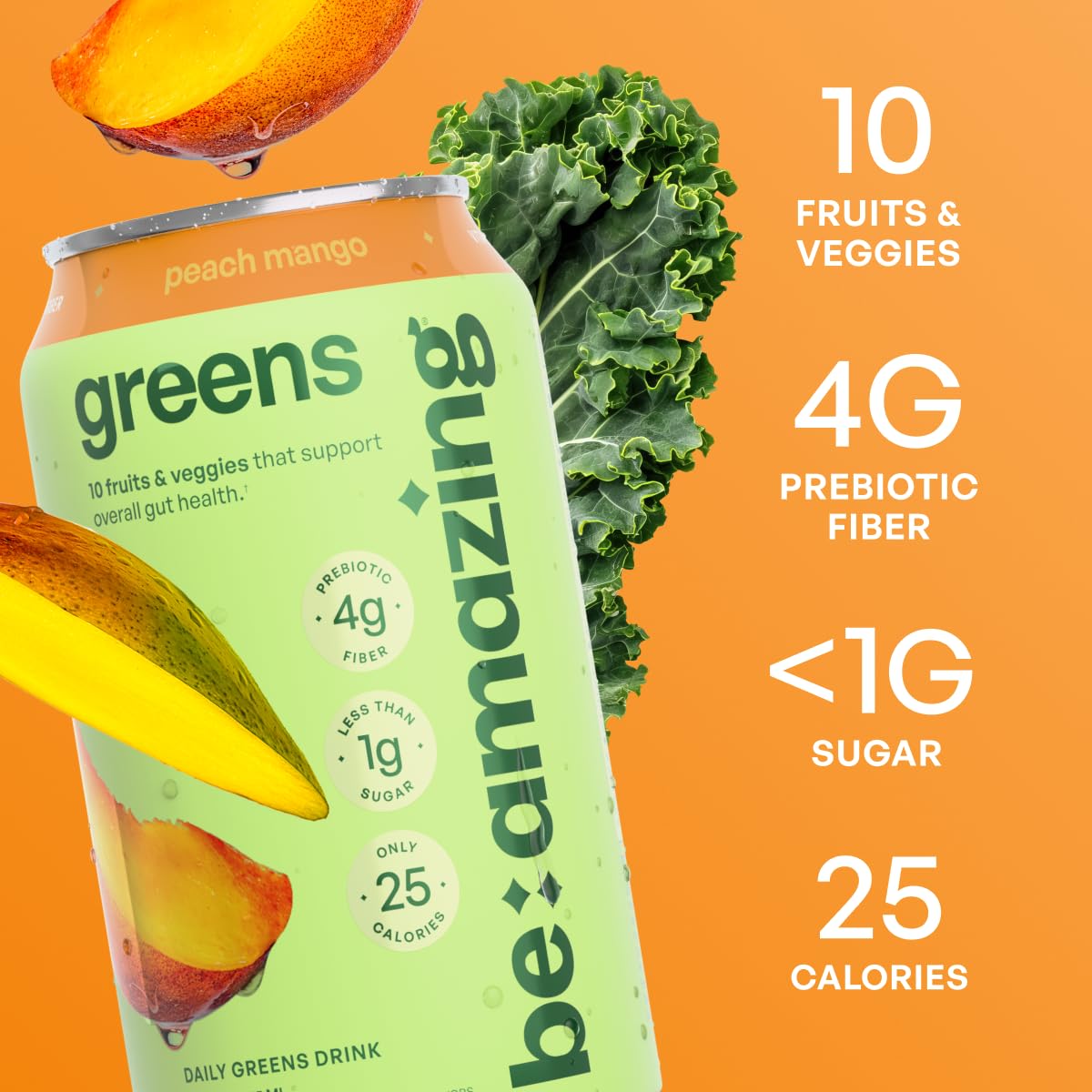 BE AMAZING Peach Mango Greens Drink - 10 Organic Fruits & Veggies, 12 oz (Pack of 8), Low Sugar, Vegan, Gluten Free, 25 Calories