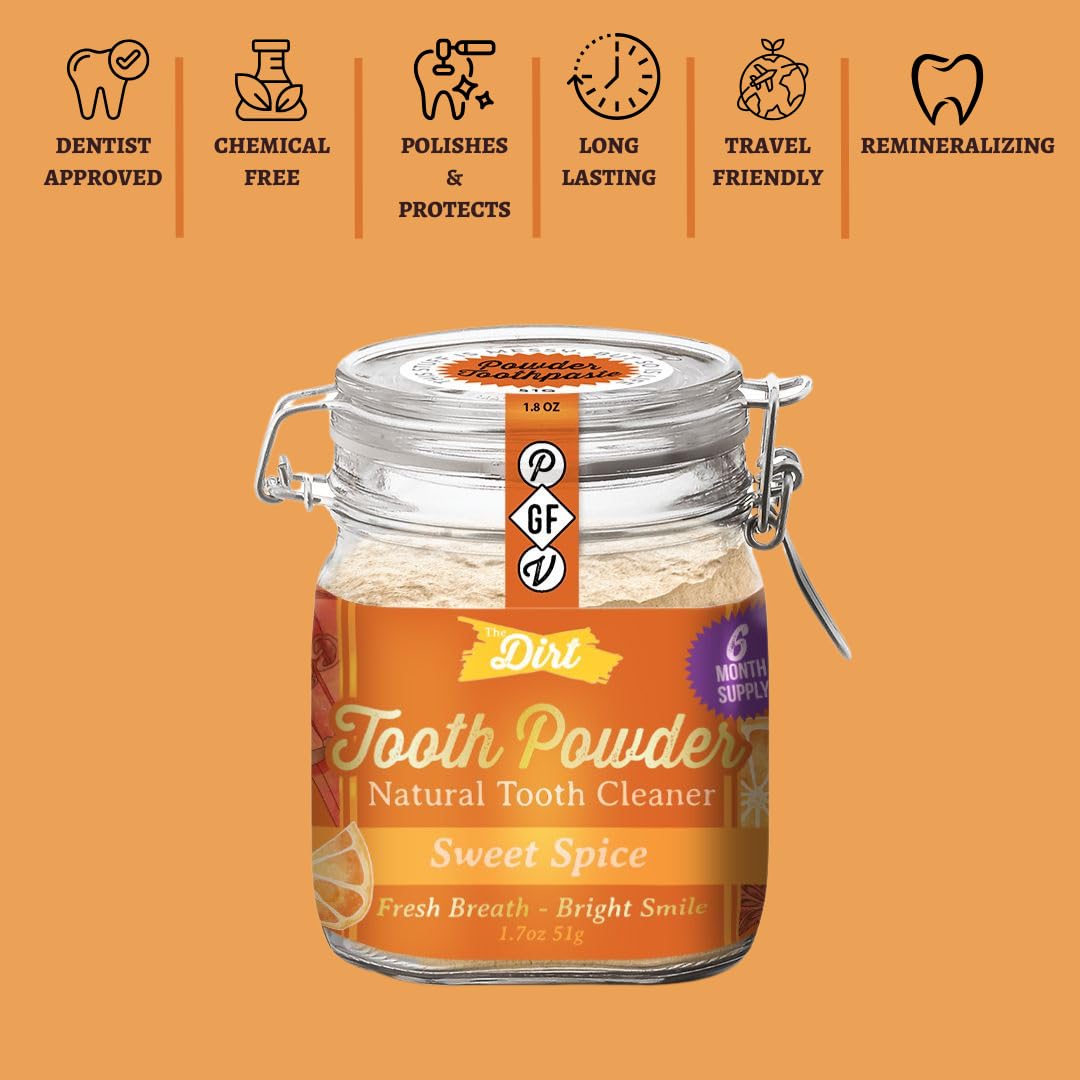 The Dirt Tooth Powder - Natural Fluoride-Free Toothpaste Alternative, Vegan - Essential Oils & Bentonite Clay (Sweet Spice, 51G: