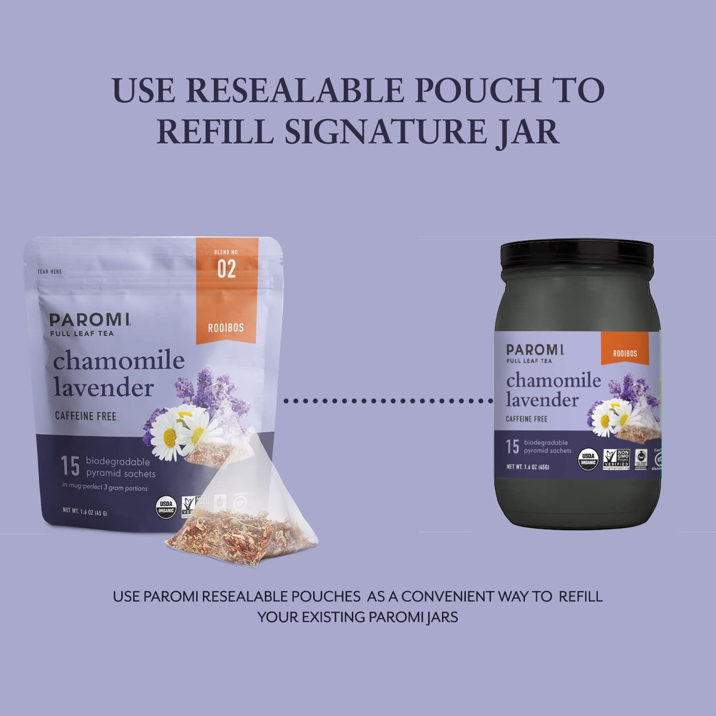 Paromi Chamomile Lavender Rooibos Organic Tea, Signature Jar, 15 Count (Pack Of 3)
