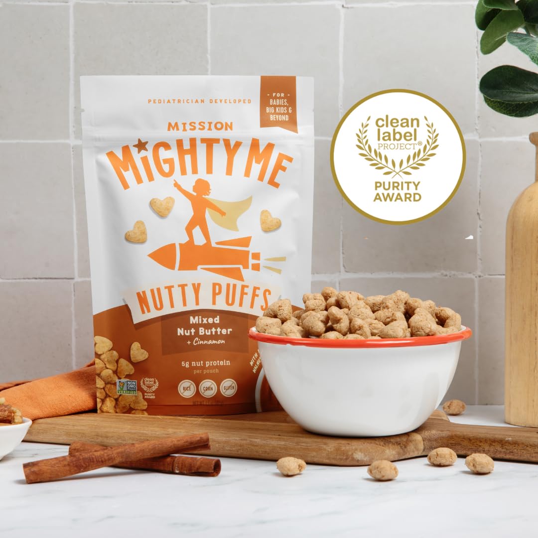 Mission Mighty Me Nutty Puffs Mixed Nut Butter Puffs for Babies + Kids - Pediatrician Developed  Plant-Based Gluten-Free Baby Snack - Peanut  Tree Nut  Cinnamon (6 Pack - 5 Pack Plus Peanut Sample)