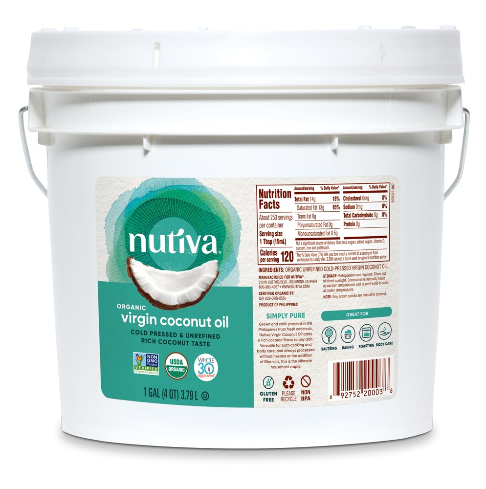 Nutiva Organic Coconut Oil 128 fl oz, Cold-Pressed, Unrefined Cooking Oil, Natural Hair Oil, Skin Oil, Massage Oil, USDA Organic