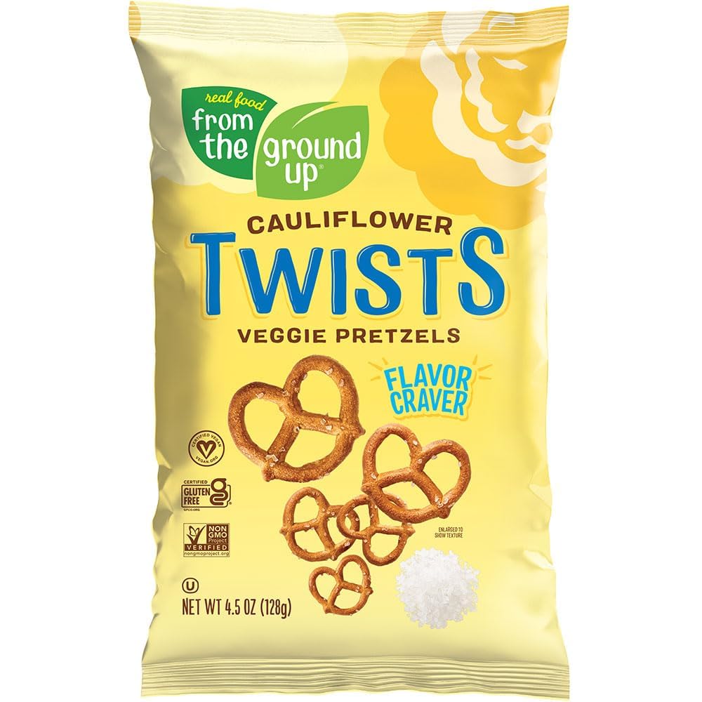 REAL FOOD FROM THE GROUND UP Vegan Cauliflower Pretzels, Gluten Free, Non-GMO, 4.5 oz (Pack of 6), Twists