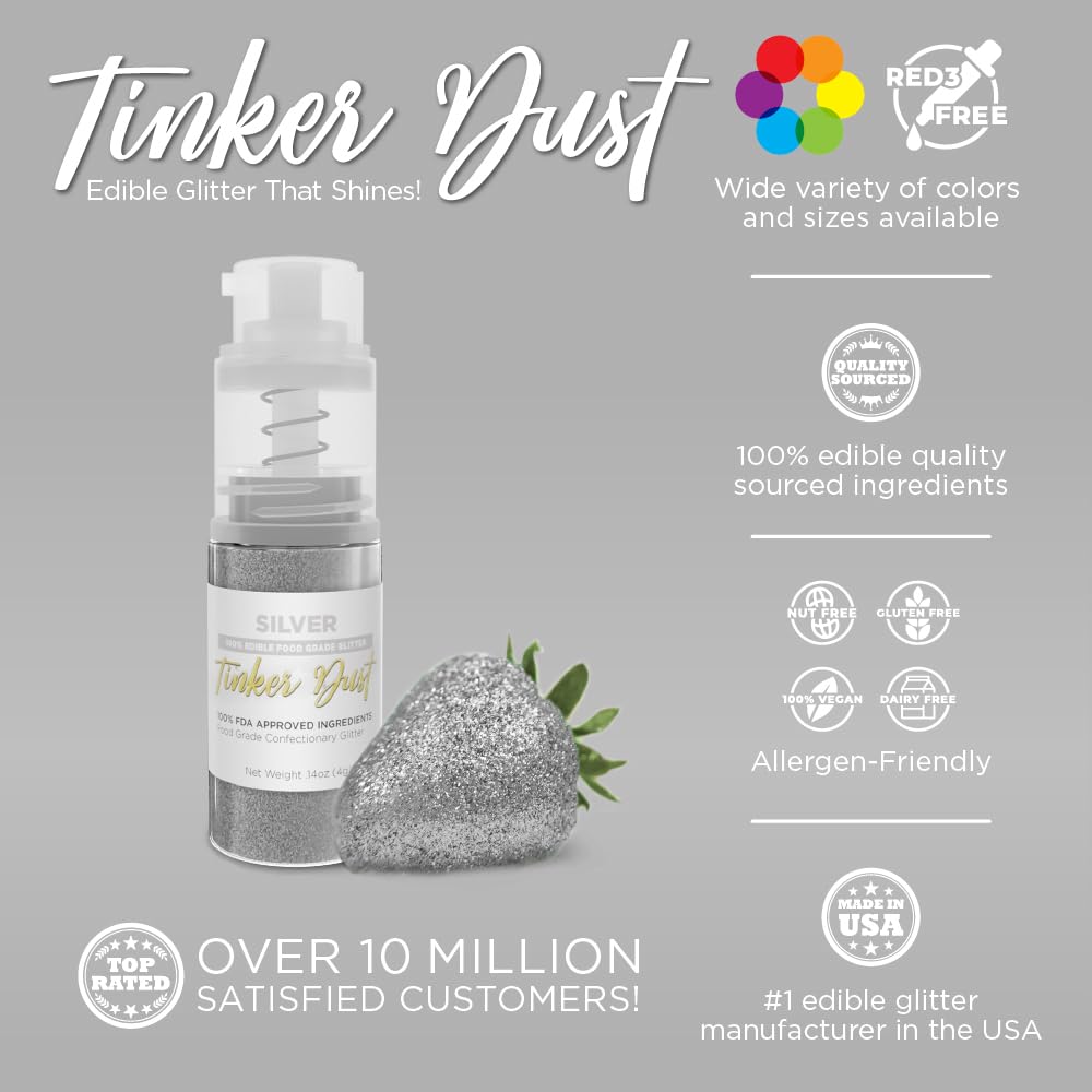 Bakell Tinker Dust Edible Glitter - Silver, 4g Mini Pump for Desserts, Beverages, Cupcakes, Cake Pops, and Cookies
