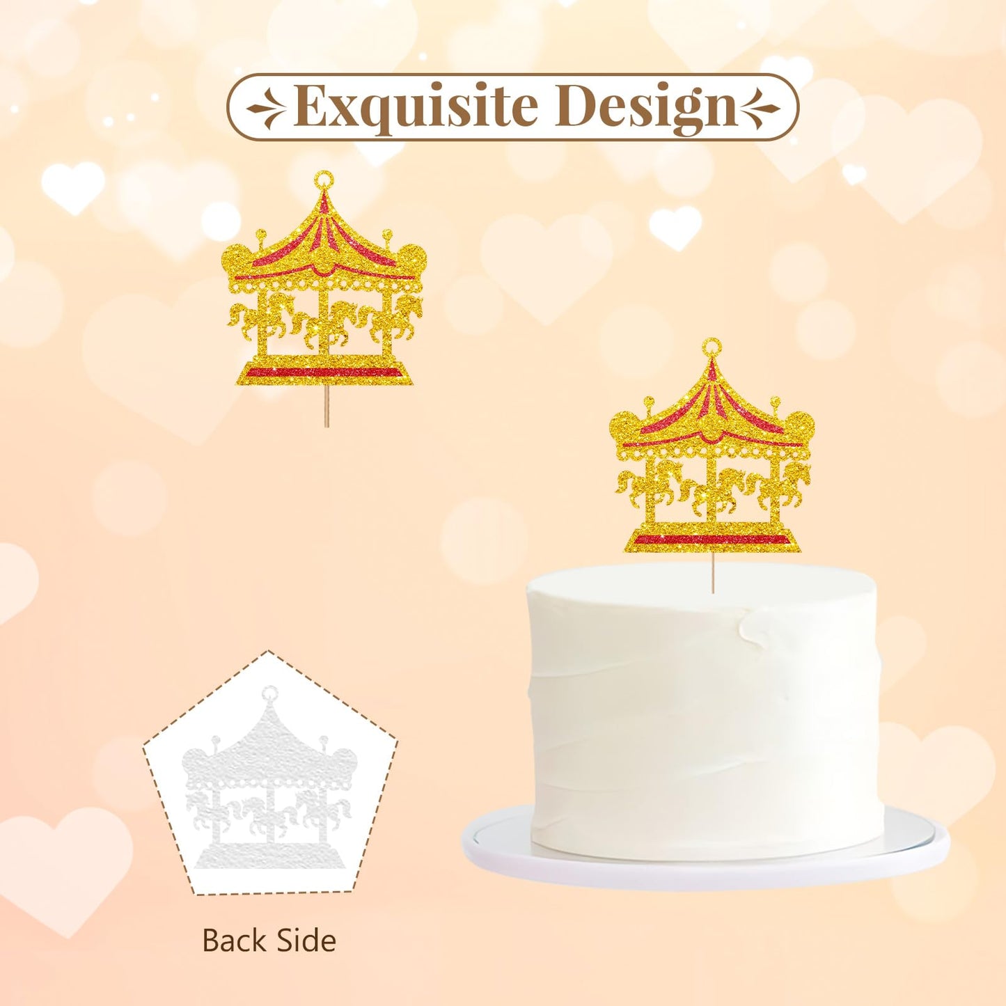 MINIYEYE Carousel Cake Topper, Gold Glitter Horse Decor for Baby Shower, Carnival Theme, Pink