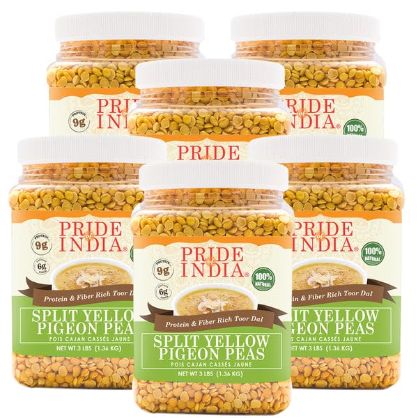 Pride Of India - PACK of 6 - Indian Split Yellow Pigeon Peas - Protein & Fiber Rich Toor (Arahar) Dal, 3 Pound Jar