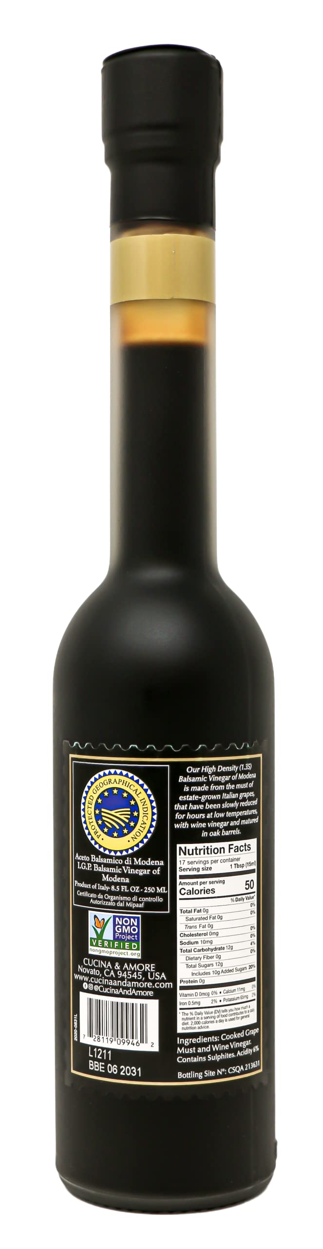 Cucina & Amore Balsamic Vinegar Of Modena | High Density, Authentic Italian Igp, Food Glaze, Reduction, Salad Dressing, Cooking, Baking, 8.5 Fl Oz