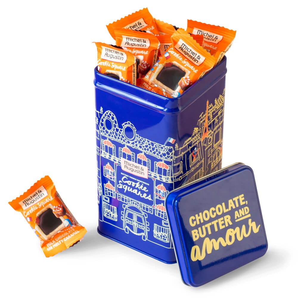 Michel et Augustin Cookies Gift Tin, Individually Wrapped Snacks, Gourmet Milk Chocolate & Caramel Shortbread, Gift Basket, 40 F