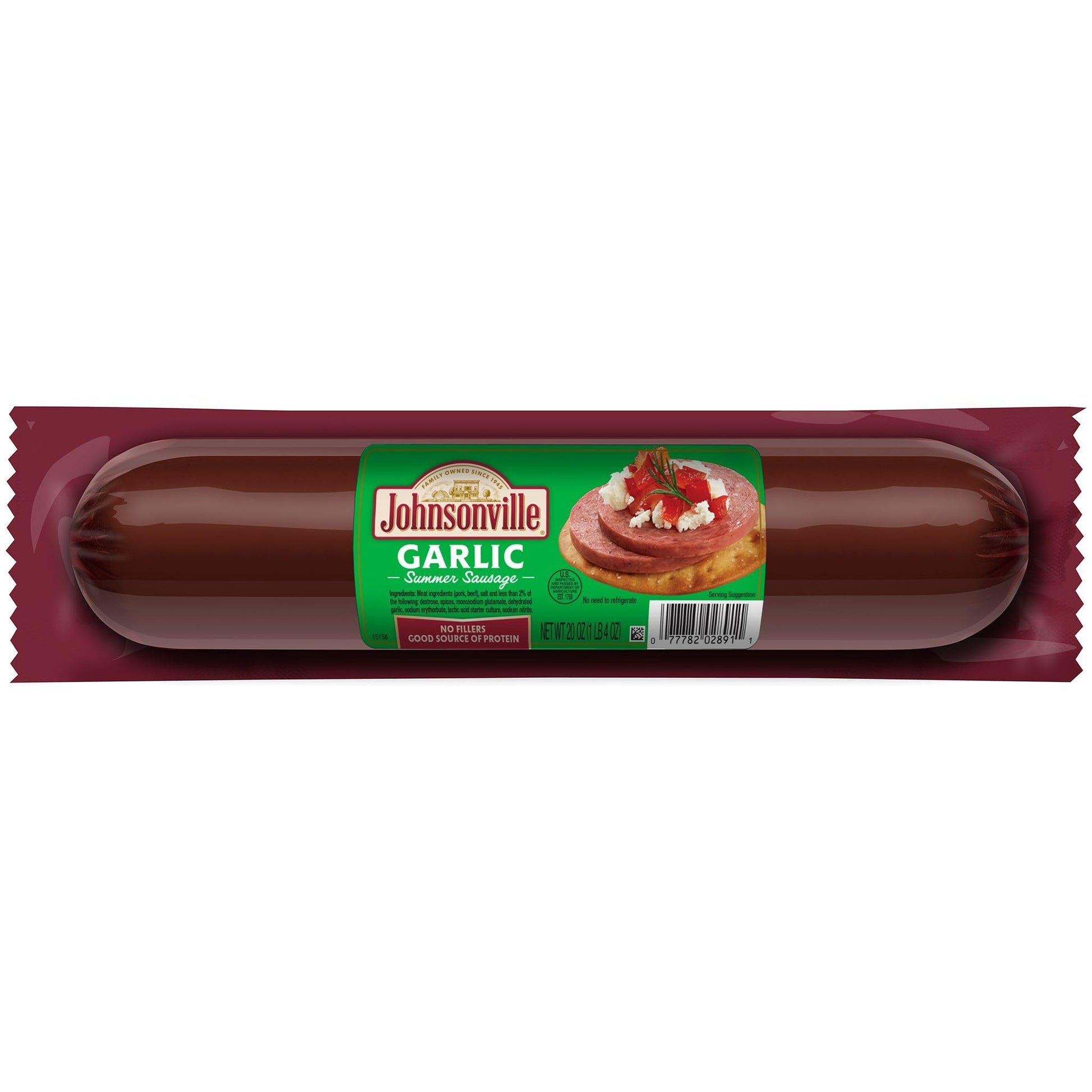 Johnsonville Garlic Summer Sausage, 20oz, Great for Charcuterie and Cheese, Good Source of Protein